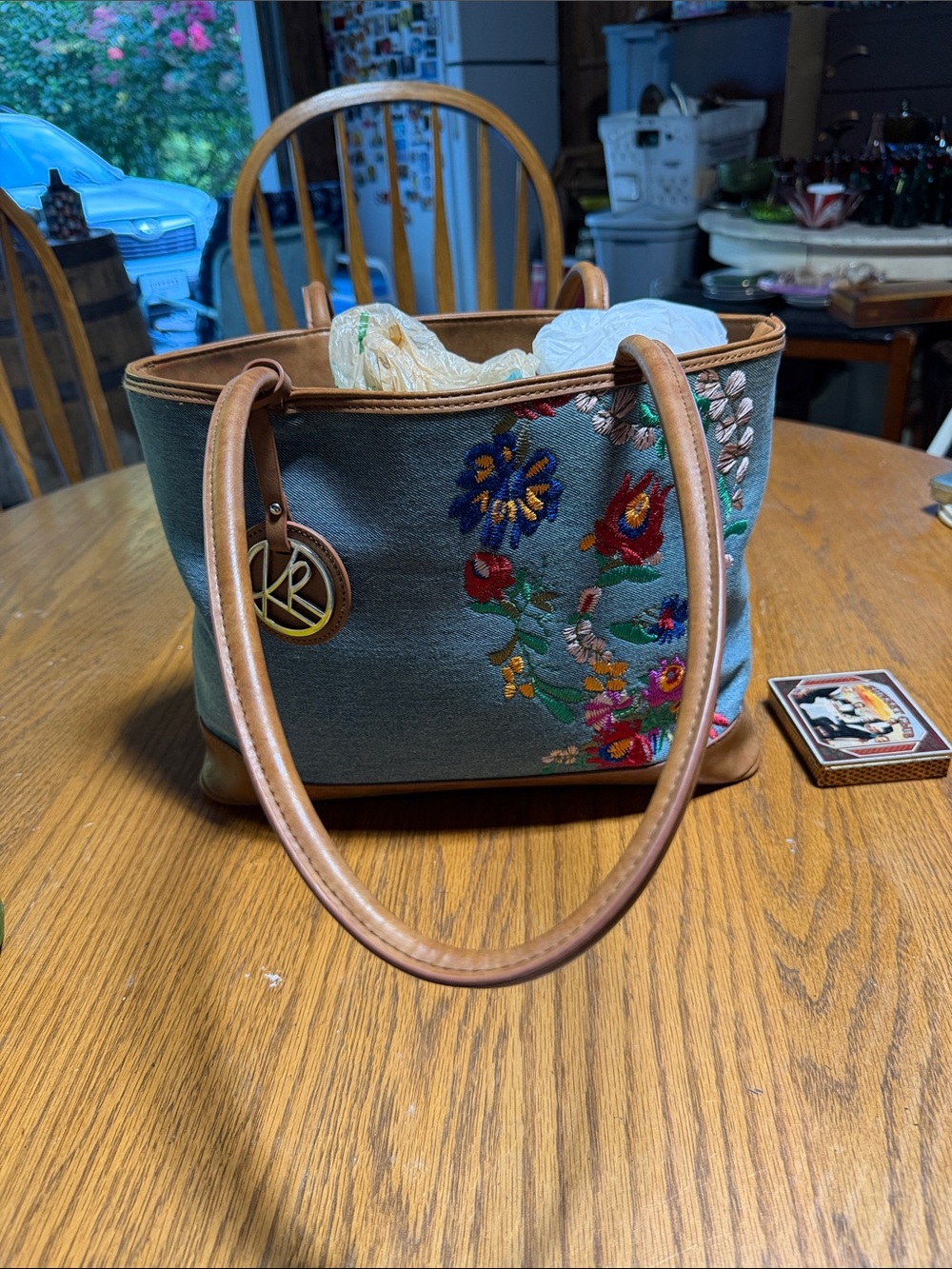Kim Rogers Blue Canvas Tote with Brown Trim and Floral Embroidery